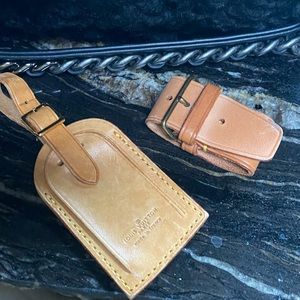 Authentic Louis Vuitton strap buckle and leather hangtag for your travels